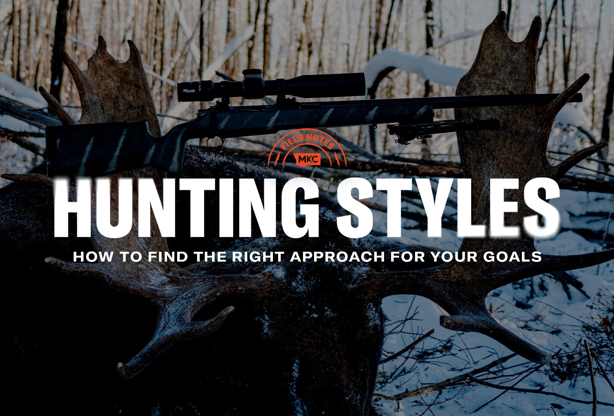 Rifle resting on a moose antler in snowy woods with “Hunting Styles” text overlay.