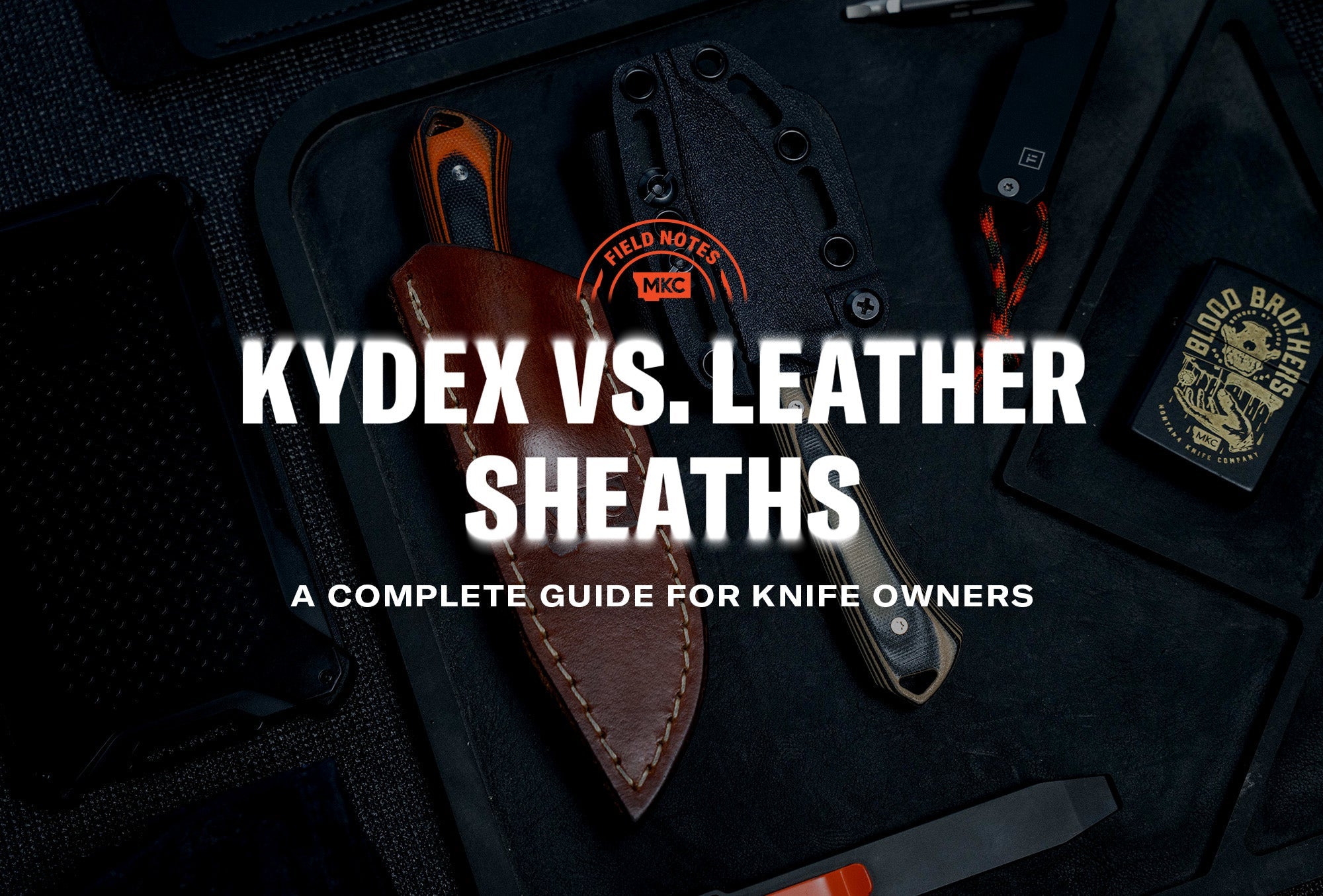 Two knives side by side, one in a leather sheath and one in a Kydex sheath, displayed on a black background.