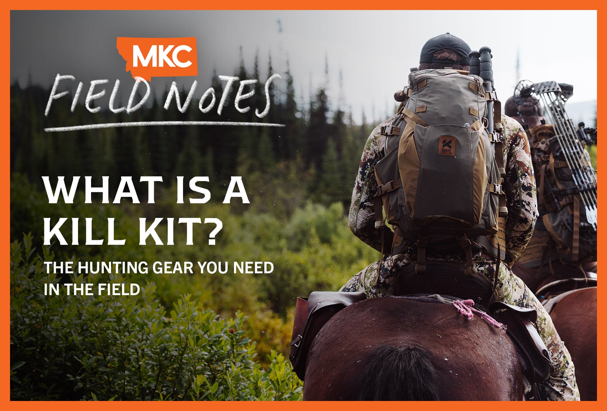 Hunter on horseback with backpack in forested area.