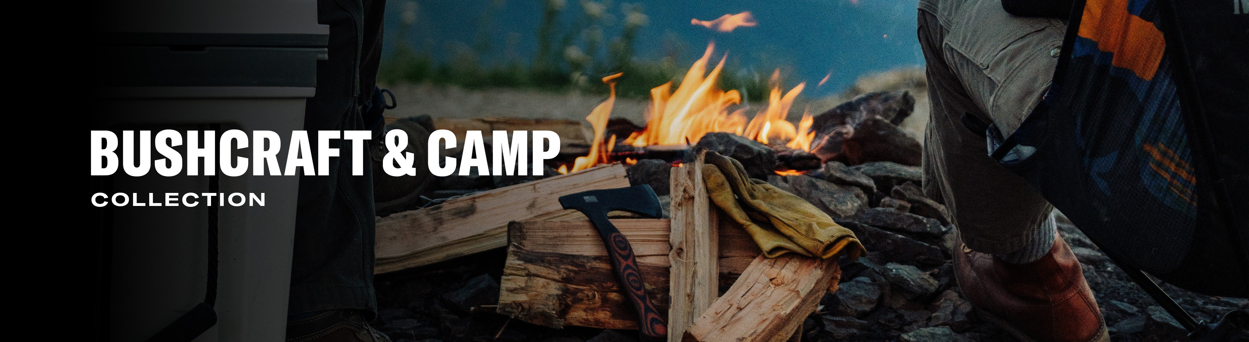 Bushcraft and camp collection featuring a fire, logs, and a person preparing for outdoor activities.