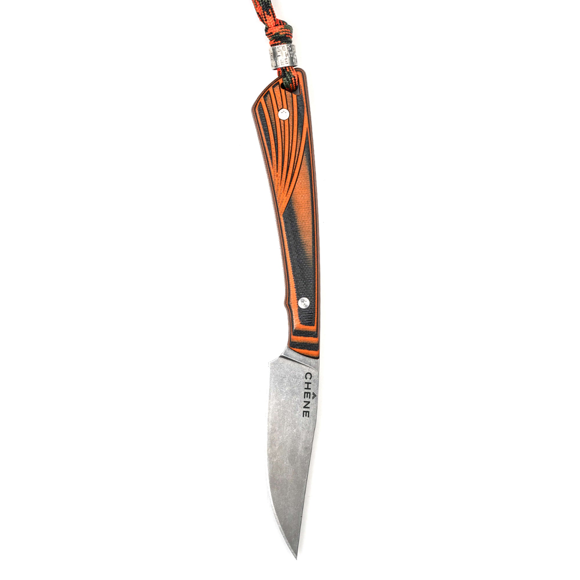 CHÊNE Freezout collaboration knife featuring a sleek design with an orange and black handle and a sharp blade.