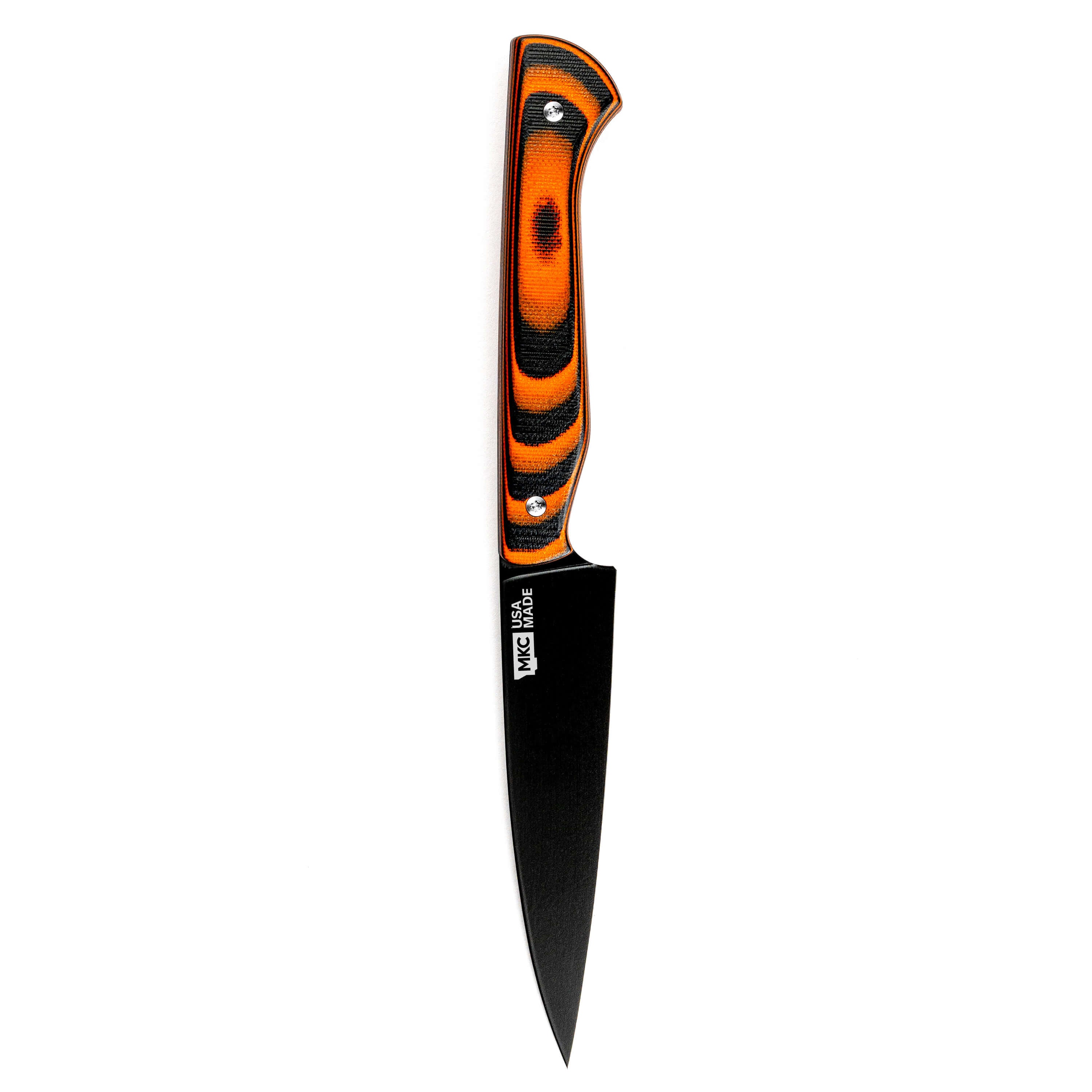 Cutbank paring knife featuring an orange and black handle with a sleek black blade, designed for precision and durability.