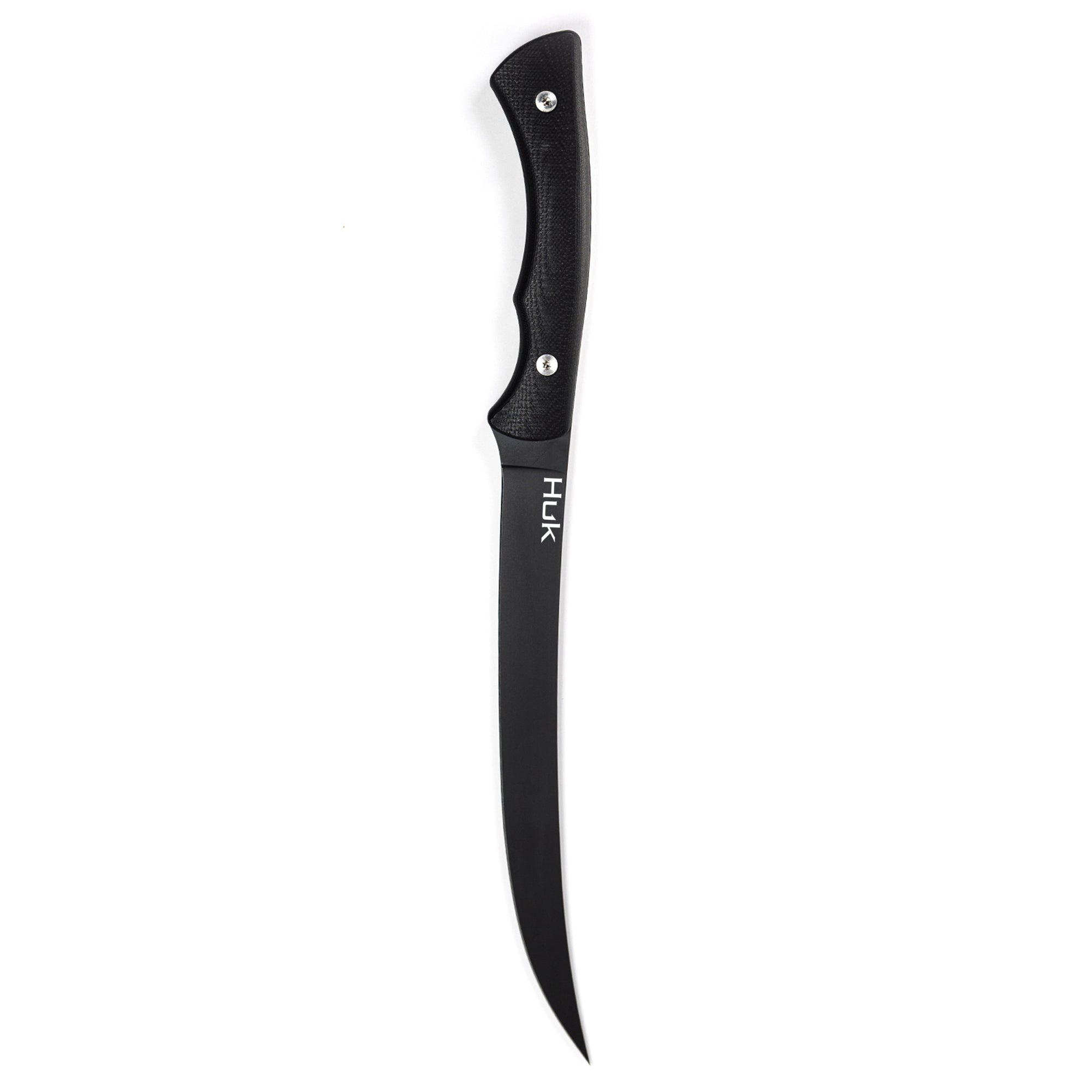 HUK Flathead Fillet knife with a sleek black blade and ergonomic handle, designed for precise fish filleting.