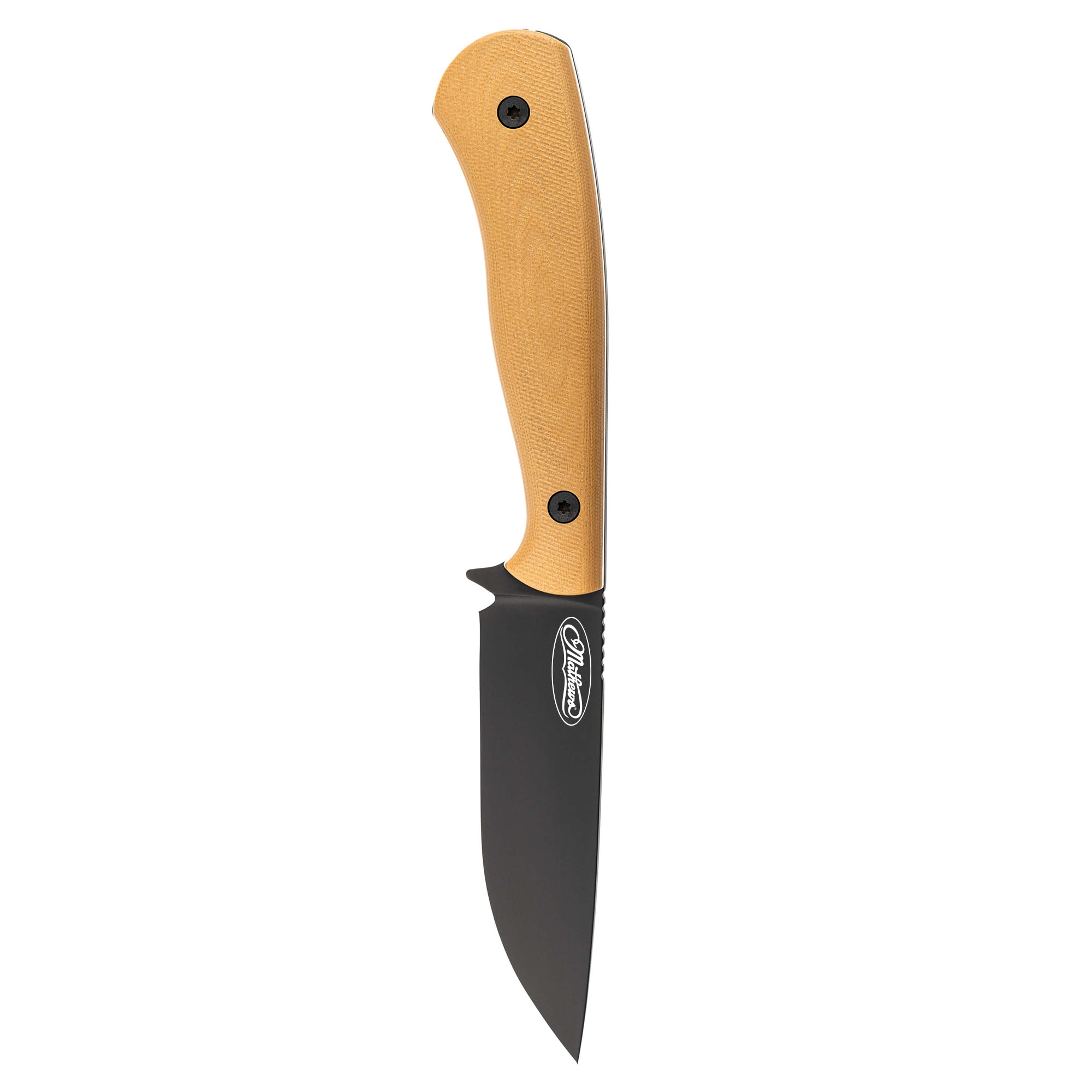 Mathews Archery MKC Whitetail knife with a black blade and tan handle, designed for hunting and outdoor use.