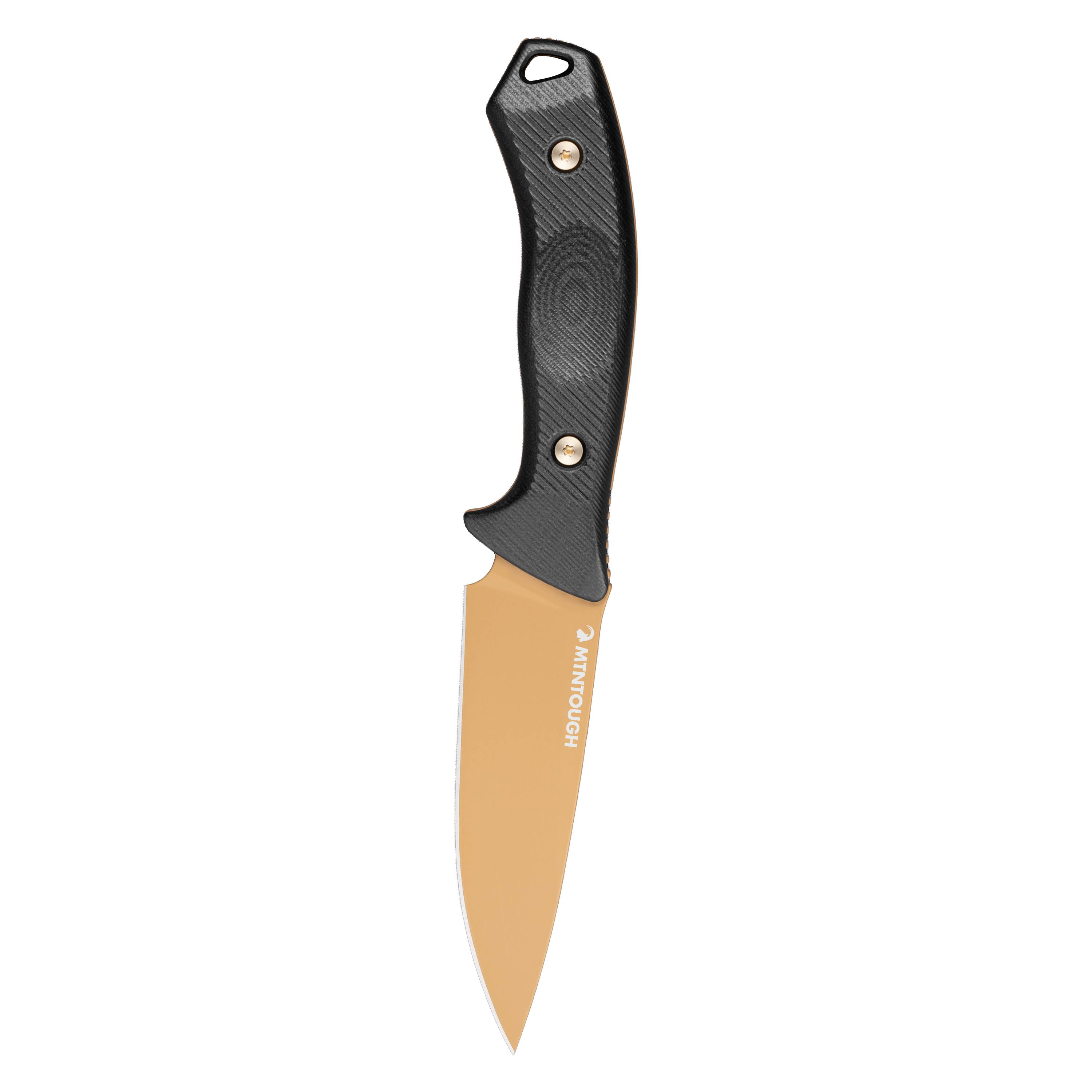 MTNTOUGH TF24 knife featuring a sleek design with a black handle and a gold blade, ideal for outdoor and tactical use.