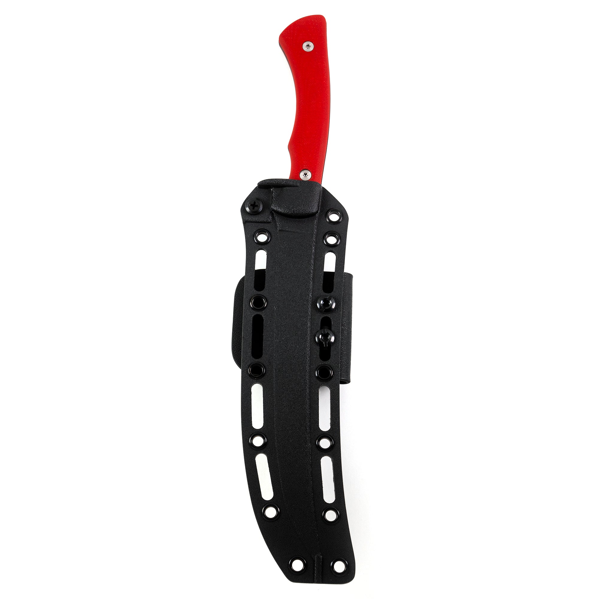 HUK Flathead Fillet knife with a red handle and a black sheath, designed for fishing and outdoor use.