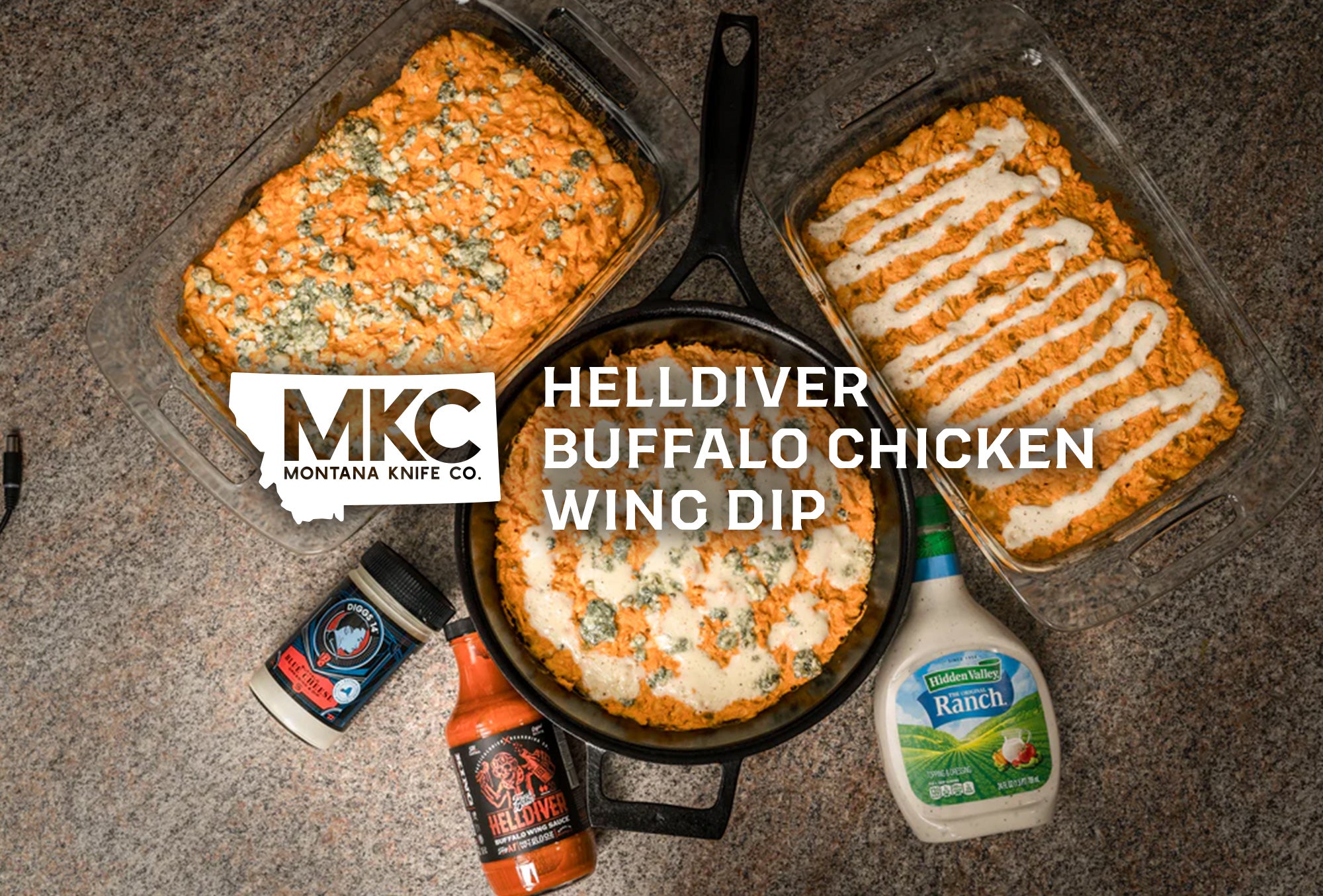 A top-down view of three large dishes of delicious buffalo chicken dip.