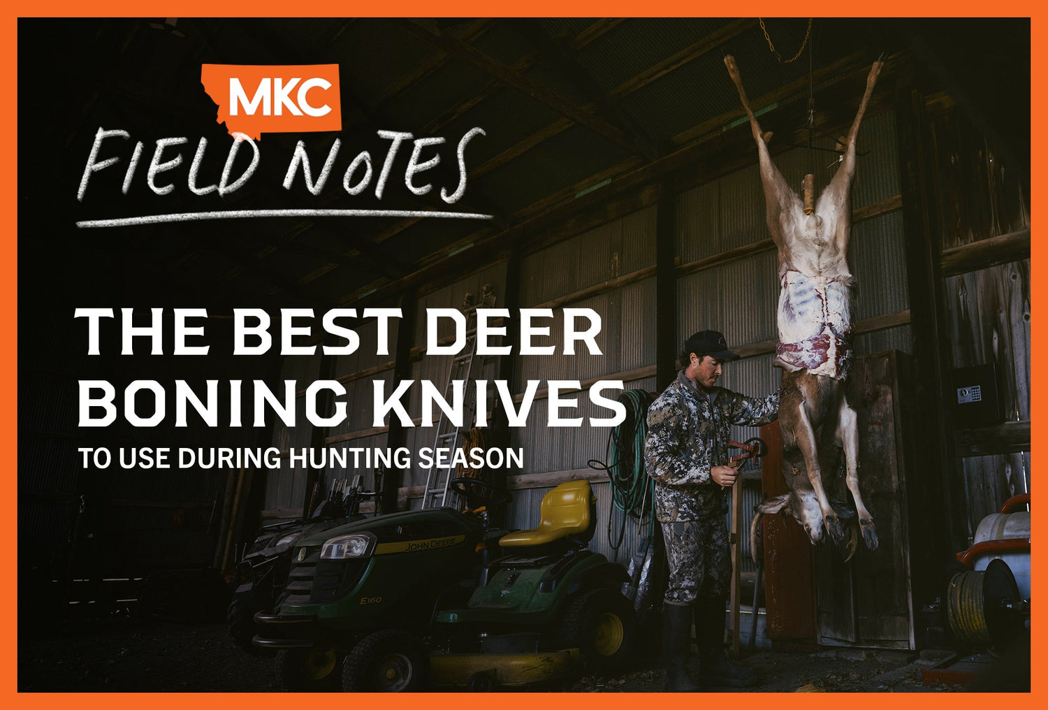 A hunter in camouflage next to a hanging deer in a processing shed.