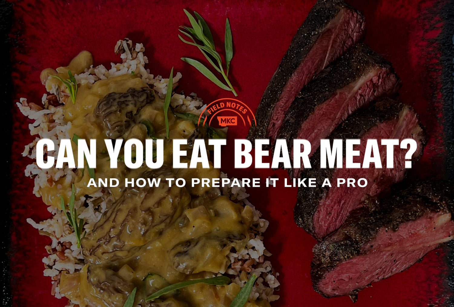 A plate of sliced cooked bear meat served with rice and mushroom sauce, illustrating the question can you eat bear meat.