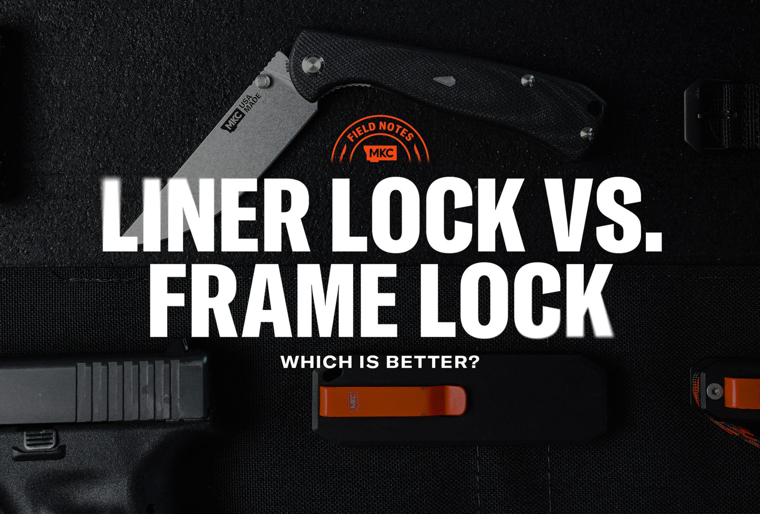 Folding knife on a dark surface with MKC branding and text comparing liner lock vs. frame lock.