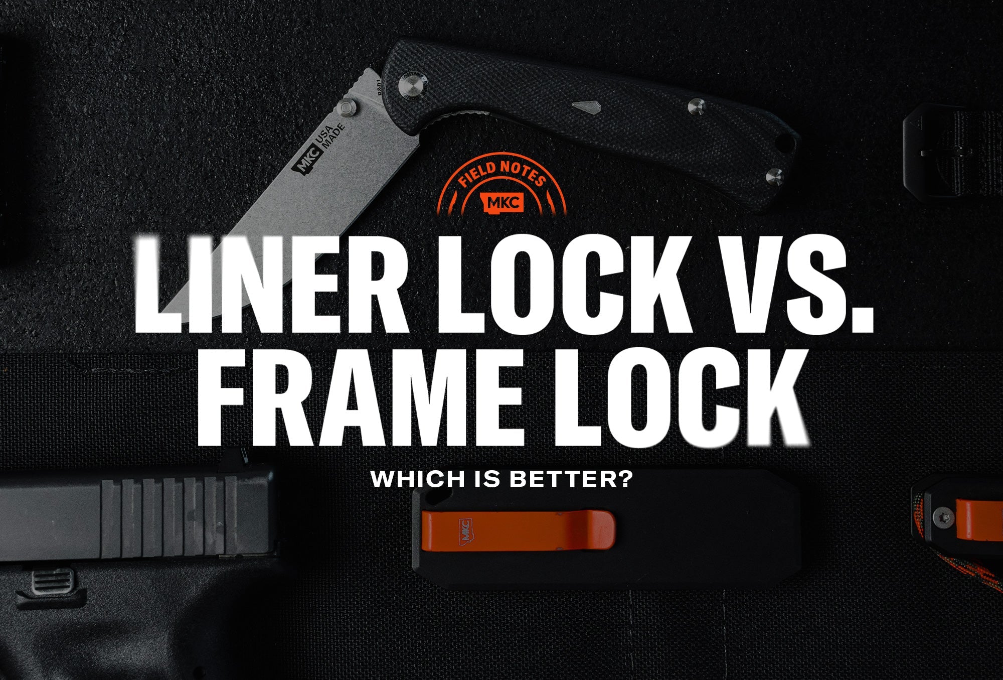 Folding knife on a dark surface with MKC branding and text comparing liner lock vs. frame lock.