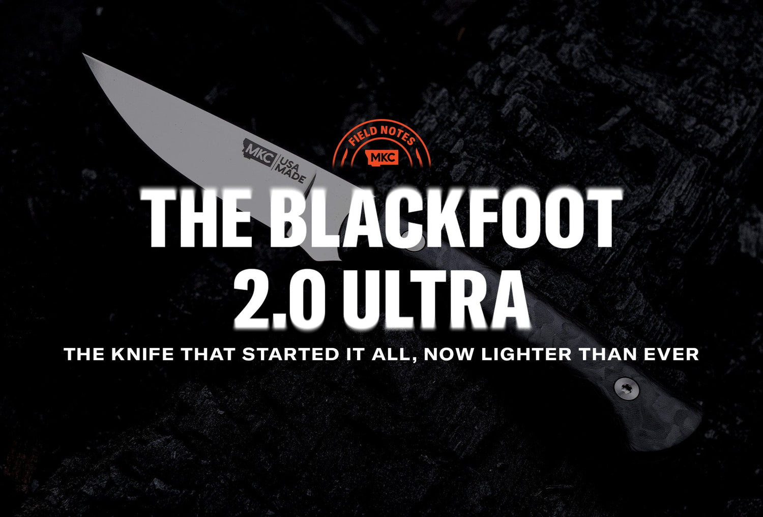 MKC Blackfoot 2.0 Ultra knife displayed on a dark background with marbled carbon‑fiber handle.