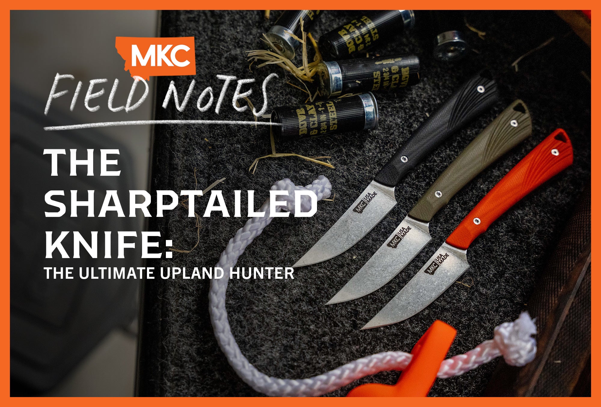 Sharptailed knives and shells on textured surface with overlay "The Sharptailed Knife: The Ultimate Upland Hunter"