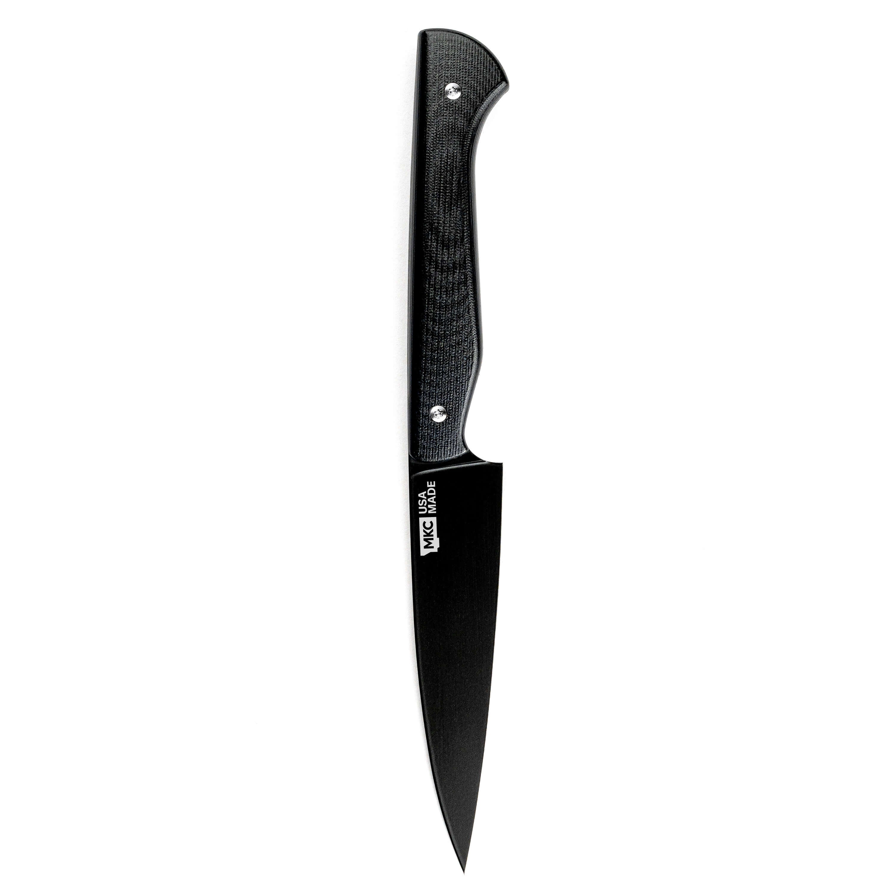 Black CUTBANK paring knife with a sleek design and textured handle, ideal for precision cutting and kitchen tasks.