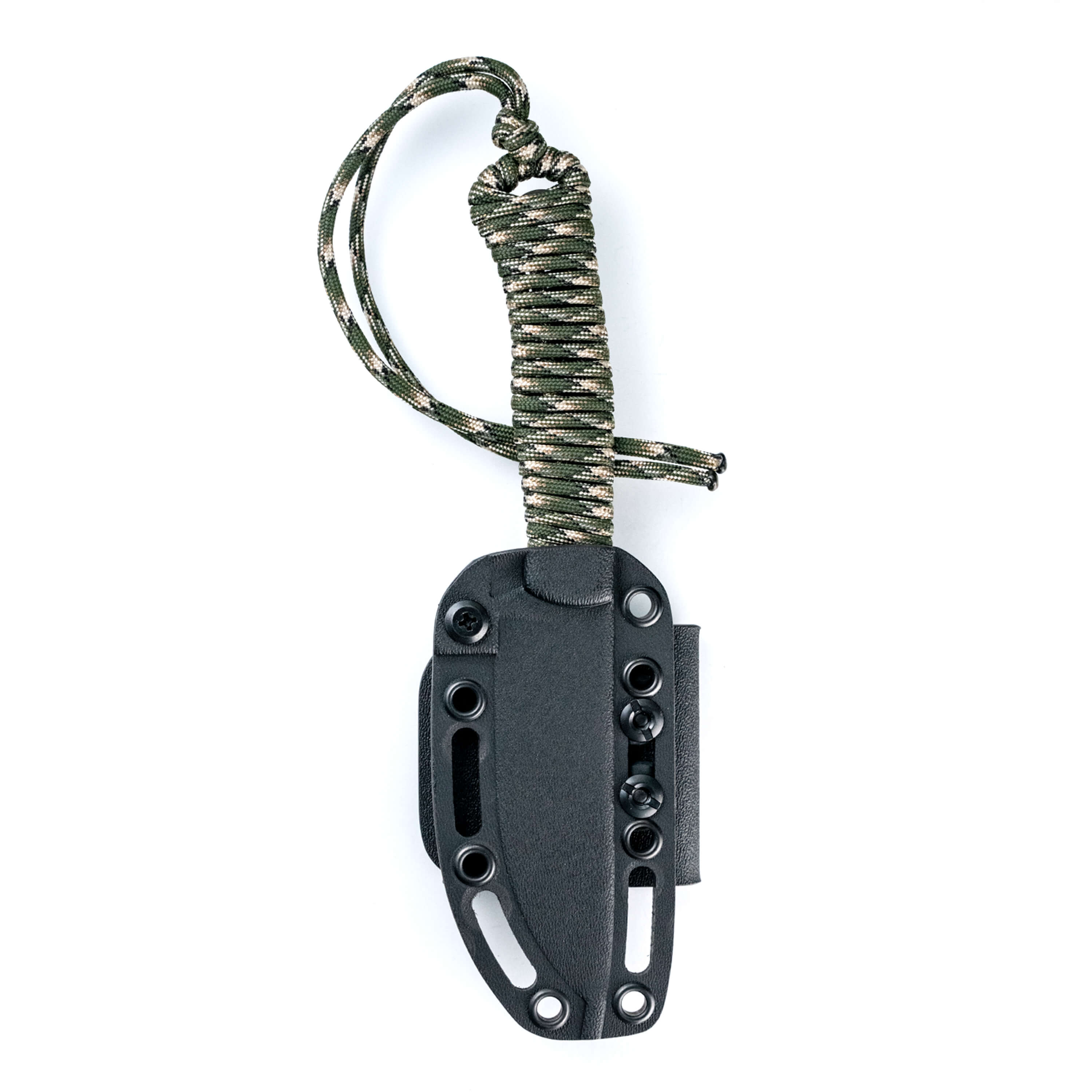 Alt text: Camouflage paracord-wrapped handle of the Stoned Goat 2.0 knife by Wild Sheep Foundation, featuring a black sheath with multiple attachment points, isolated on a white background.